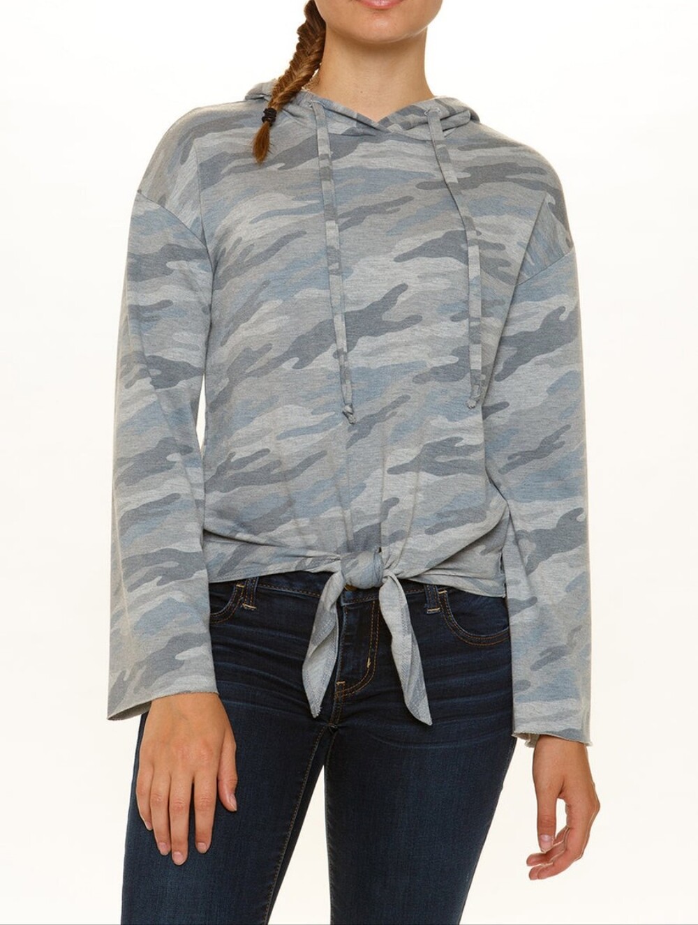 LOVE AND PEACE Women's Full Zip Hoodie Gray Blue Camouflage Tie Front S New